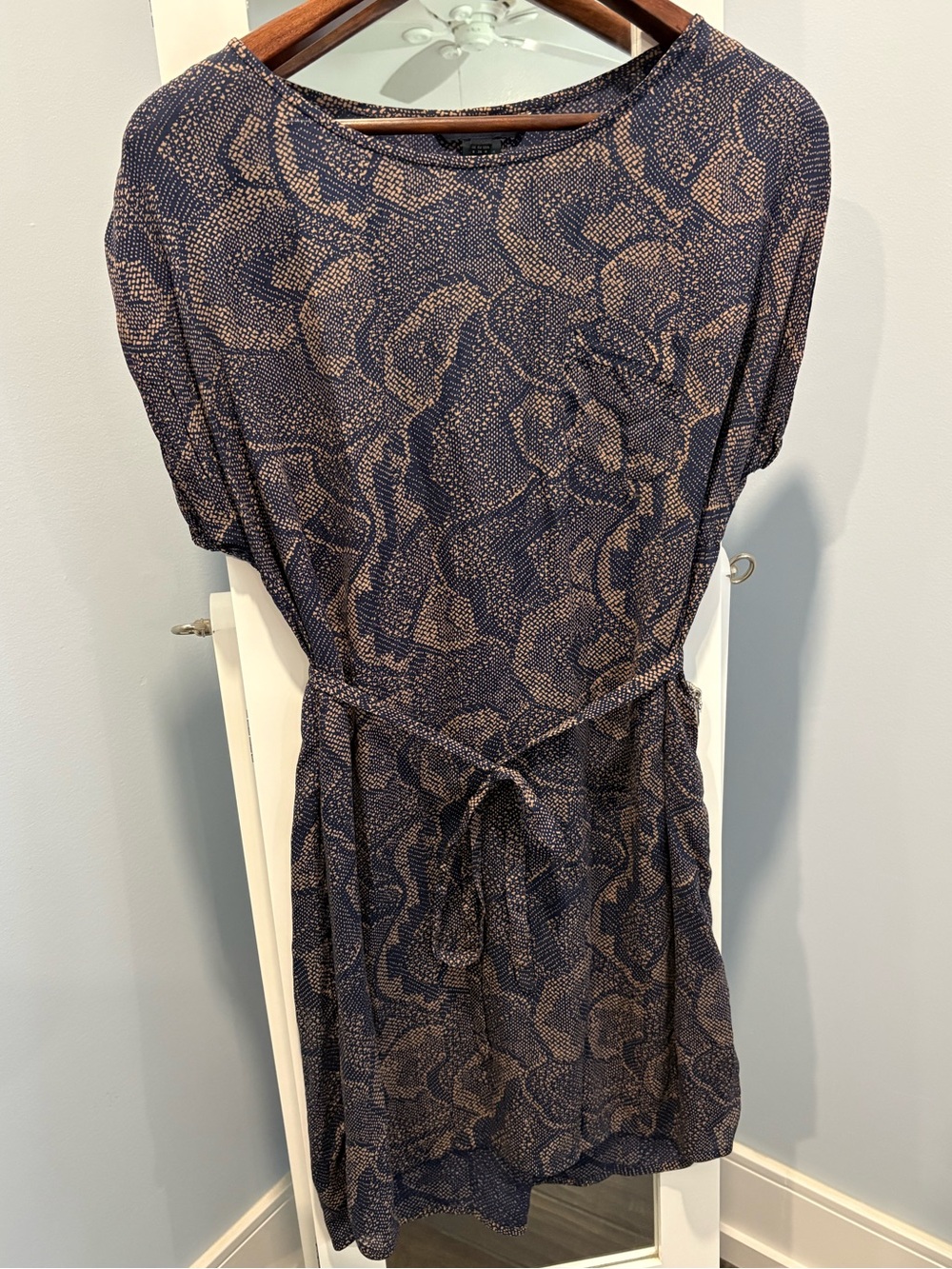 French Connection Navy & Tan Printed Tie-Waist Mini Dress